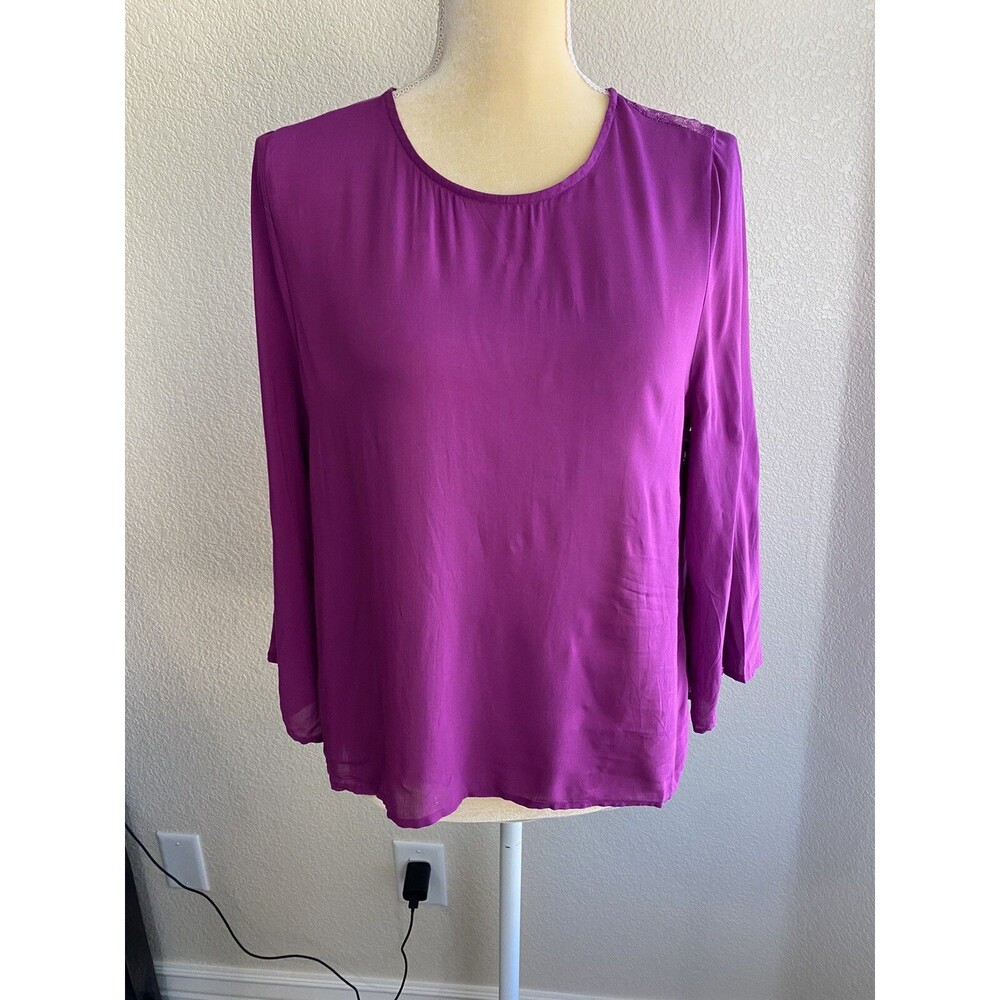 NWT Chloe K Purple 3/4 Bell Sleeve w/ Sheer Lace Back Blouse Top SZ L
